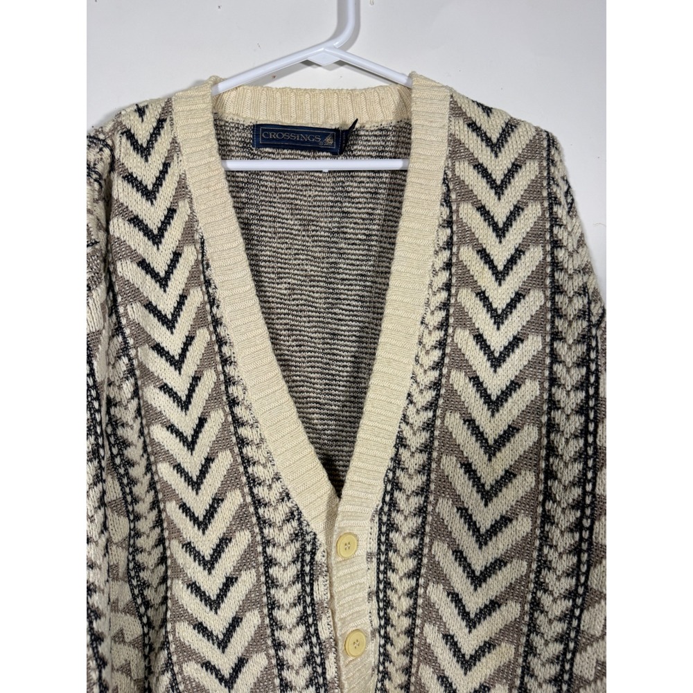 Crossings Vintage Mens Cotton Knit Cardigan Sweater Chevron Geometric Tan Size M